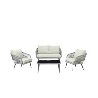Manhattan Comfort OD-CV016-CR Riviera Rope Wicker 4-Piece 4 Seater Patio Conversation Set with Cushions in Cream